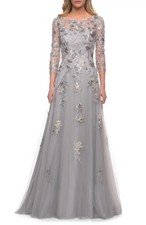 La Femme 29825 Beaded Lace Tulle A-Line Gown Sz 6 Silver 639