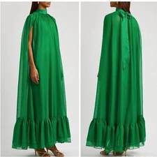 NEW ALICE + OLIVIA Lanelle Maxi Cape Dress in emerald green Chiffon Sz M
