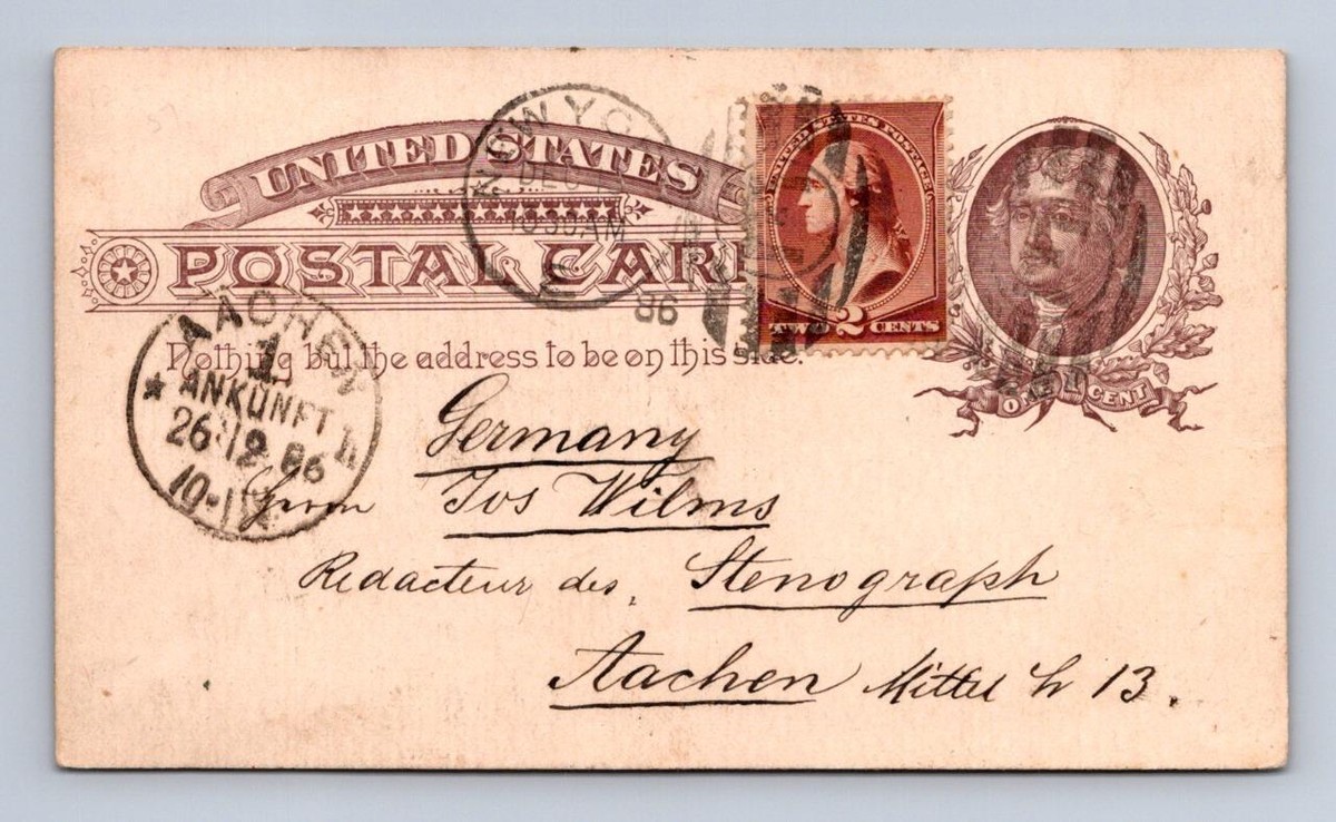 切手107 UX8 S7 POSTAL CARD 210 STAMP NEW YORK TO AACHEN GERMANY