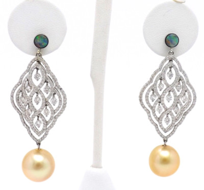 18k Gold Golden South Sea Pearl Diamond Boulder Opal Chandelier Earrings Dangle