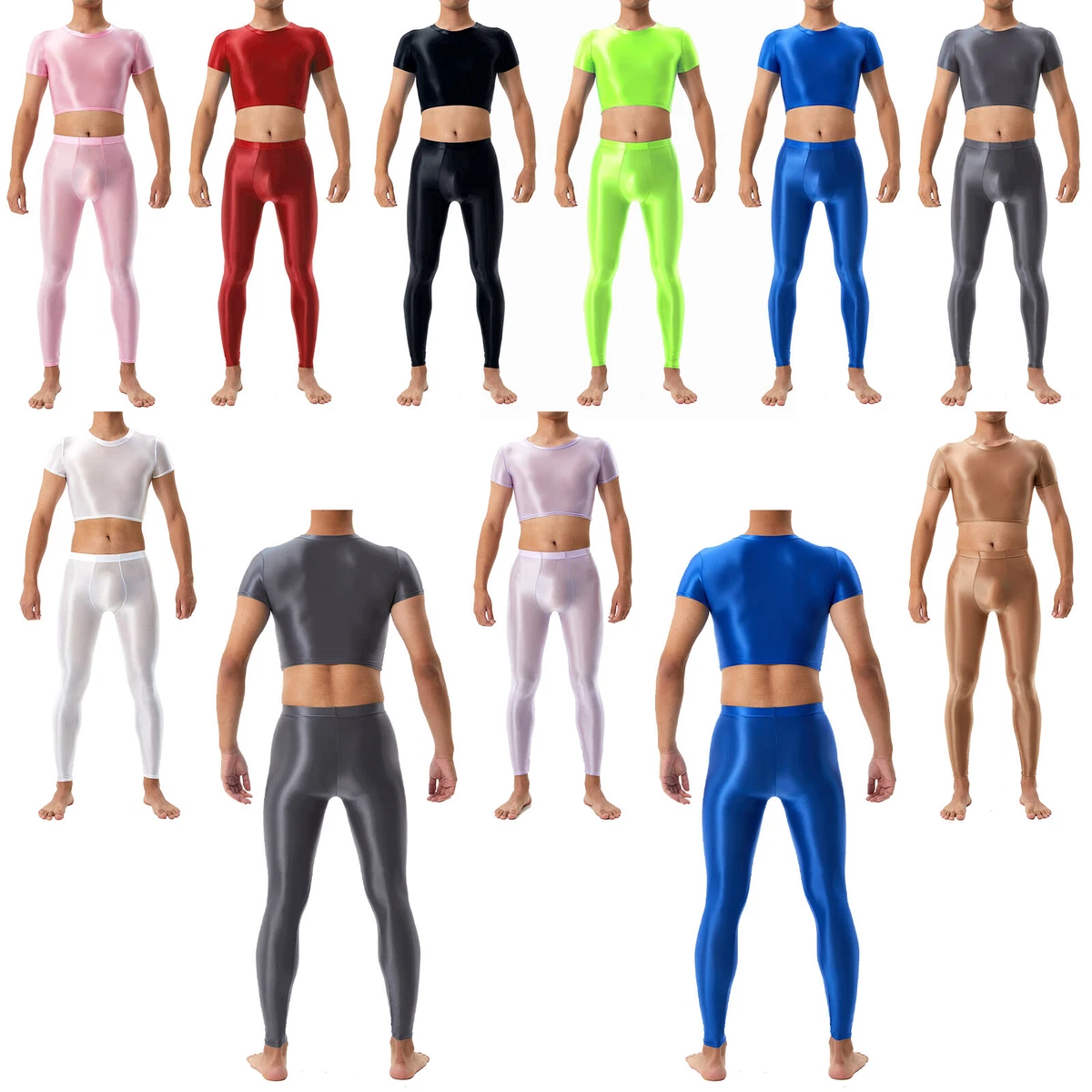 AU Men's Glossy Outfits Slim Fit Crop Top with Pants Fitness Workout Sportswear