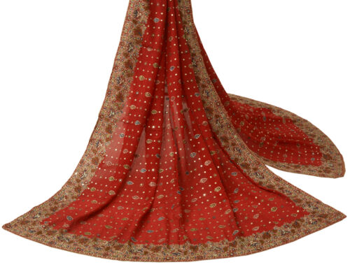 Sushila Vintage Maroon Dupatta Pure Chiffon Silk Sequins Embroidered Long Stole