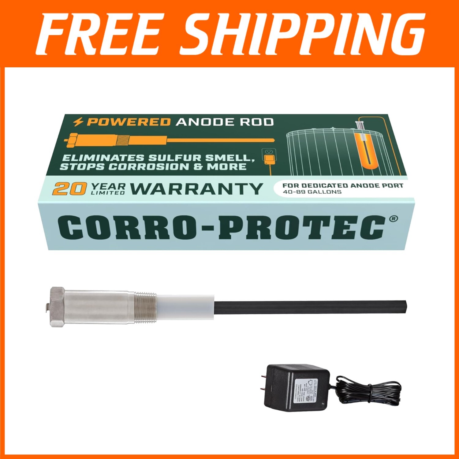 20-Year Powered Anode Rod for Water Heaters - Odor Elimination & Corrosion Proof