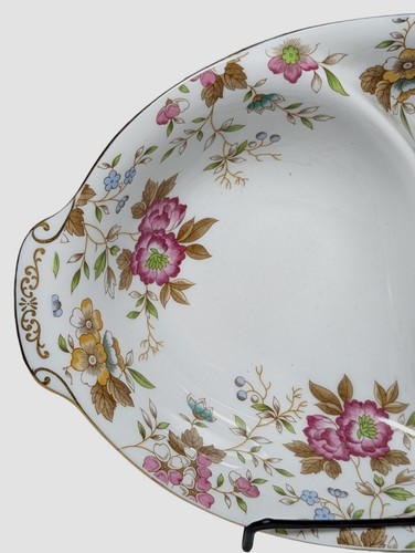 Sango Japan 11" Oval Handled Porcelain Divided Dish Carlton Pattern Gold Trim - Picture 5 of 10