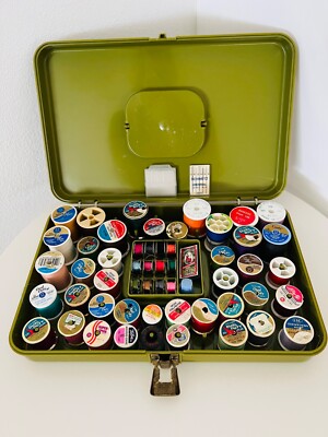 Vintage Green WIL-HOLD Wilson Spool Thread Bobbin Holder Case Sewing Box Full