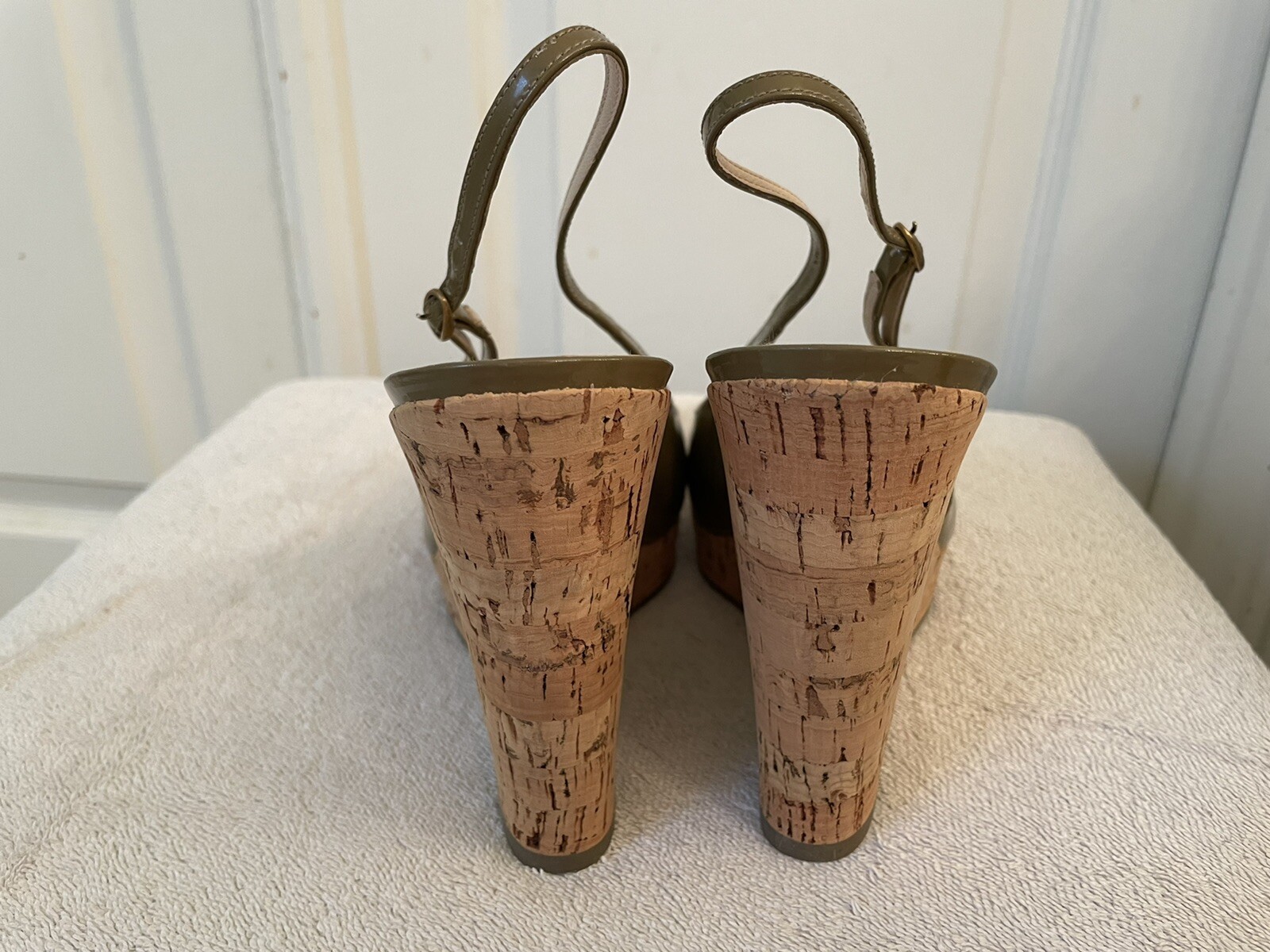 Yves Saint Laurent Giglio Zeppa Sughero Pelle Verniciata Oliva Donna Tg 39