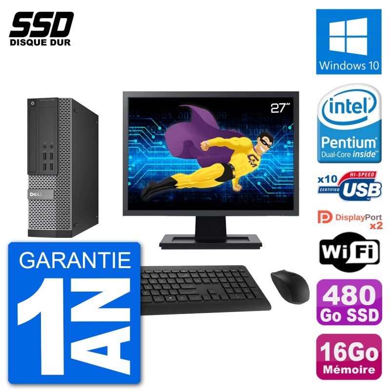 PC Dell 7020 SFF Ecran 27" Intel G3220 RAM 16Go SSD 480Go Windows 10 Wifi