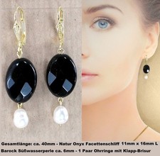 Onyx Ohrringe oder Anhänger, facettiert + Barock Perle Massiv 585 Gold 14K (53