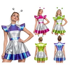 Women Alien Cosplay Costume A-line Metallic Dress with Hair Hoop Party Outfits