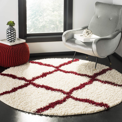 Safavieh Dallas Shag Collection Area Rug - 6 Round Ivory Red Trellis Design