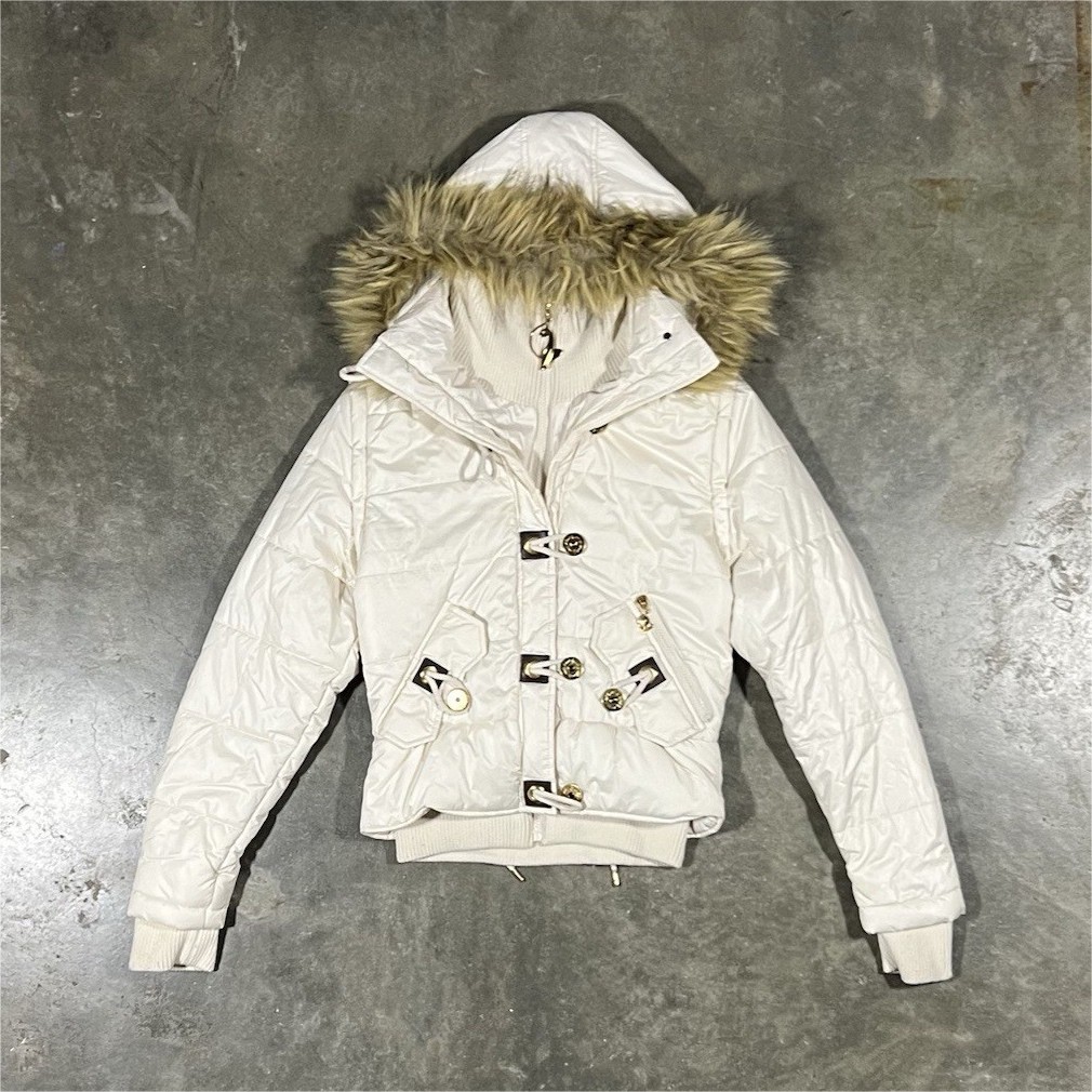 Vintage Y2K Baby Phat Cream Down Puffer Bomber Jacket Faux Fur Hood Size S