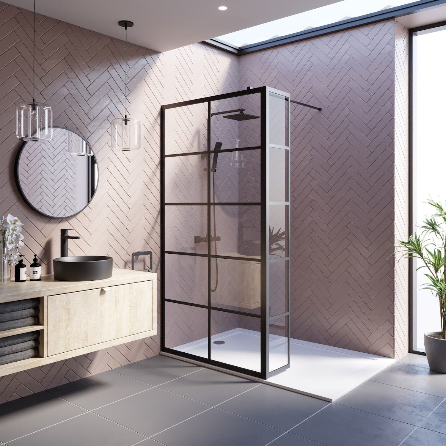 Wet Room Screen 1000mm Walk In Enclosure 8mm Grid Glass Return Panel Black