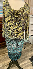 Nine West Sheath Knee Dress Cowl Neck 3/4 Sleeve Animal Print Yellow/Black 14