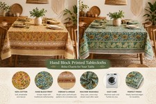 2 Pc Hand Block Print Tablecloth 100 Cotton Floral Boho D cor 12 Table Napkins
