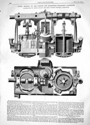 Antiker Druck 1866 Motoren London Hamburgh Dampfschiff Ladyburn Delany Okes 19.