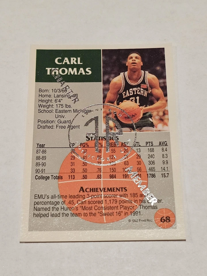 1991-92 Front Row Update Silver Carl Thomas #68 - Image 2 of 2