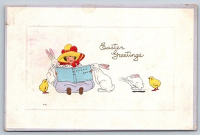 Easter Greetings Postcard 1910s Young Girl Reading To Rabbits And Chicks