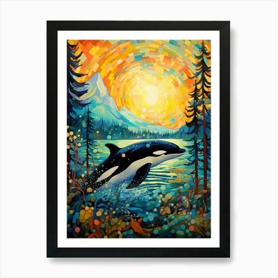Orca Wal Küste und Bäume Kunstdruck gerahmtes Wandbild Poster Leinwanddruck Bild
