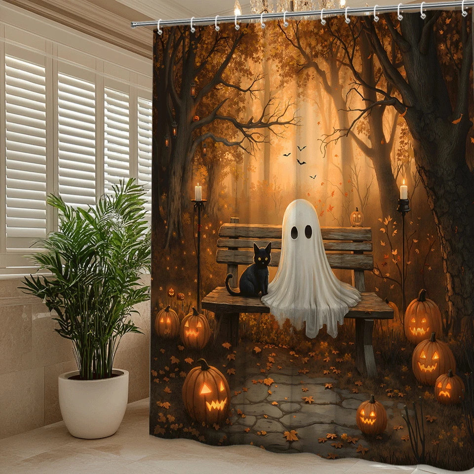 ChatGPT dijo: Lindo fantasma y gato negro cortina de ducha, diseño de calabaza de Halloween Foto 4 de 4