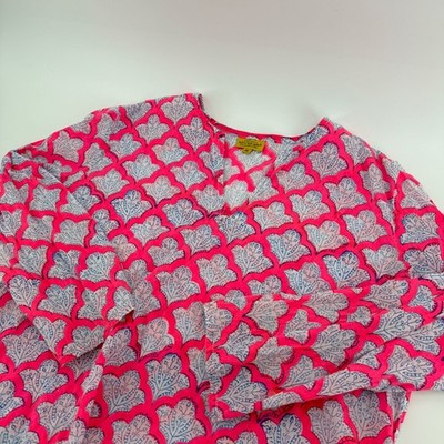 Roberta Roller Rabbit Pink Blue Block Print Cotton Tunic Top Split Neck Medium