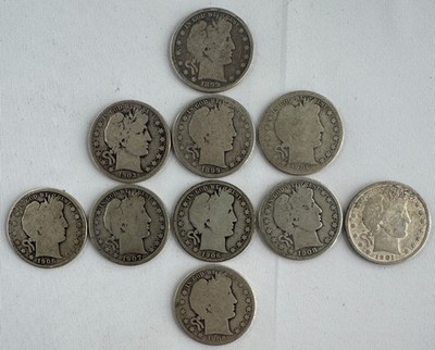 10 Barber Silver Half Dollar TEN Coin Lot Assorted Common Dates Circulated 50c