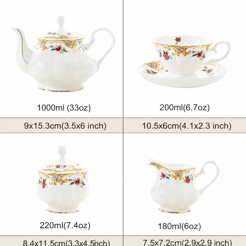 English Afternoon Tea Bone China Set &ndash; Luxury White & Gold Floral Tea/Coffee Set
