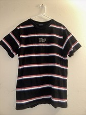 HUF Shirt Mens Large Black Red Blue White Striped Skate Streetwear Tee