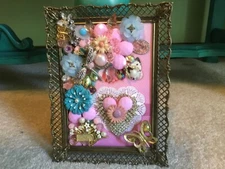 VINTAGE FRAMED JEWELRY ART COLLAGE *  EASTER SPRING GARDEN*.  KEEPSAKE GIFT****