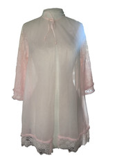 Vintage Pink Robe Mesh Floral Lace Baby Doll Sissy Womens Medium Coquette Girl