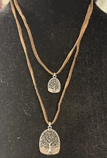 double necklace silver tone tree of life 2 Pendants leather Thong