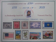 250. Jahrestag von Vermonts "Erster Tag" Papier Souvenirseite mit schwachem Stempel EX