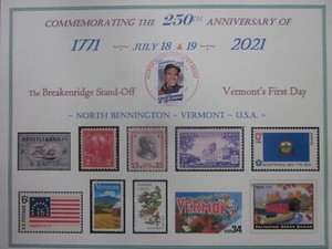 250th Anniversary of Vermont's "First Day" paper souvenir page w faint cancel EX