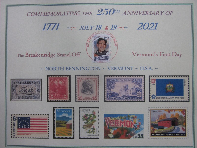 250th Anniversary of Vermont's "First Day" paper souvenir page w faint cancel EX