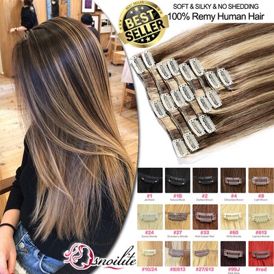 14 24 Long Remy Human Hair Extensions Clip In Black Brown Blonde