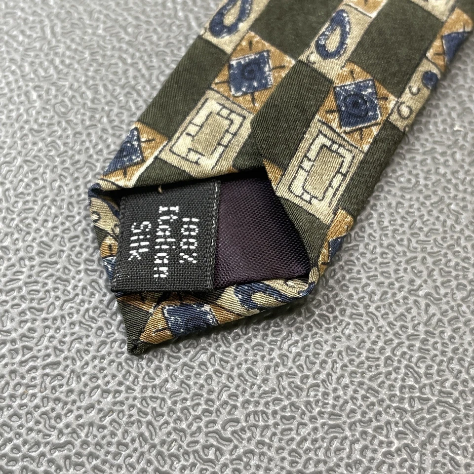 Corbata para hombre ZYLOS George Machado Art Deco seda italiana verde oliva y azul Foto 3 de 4