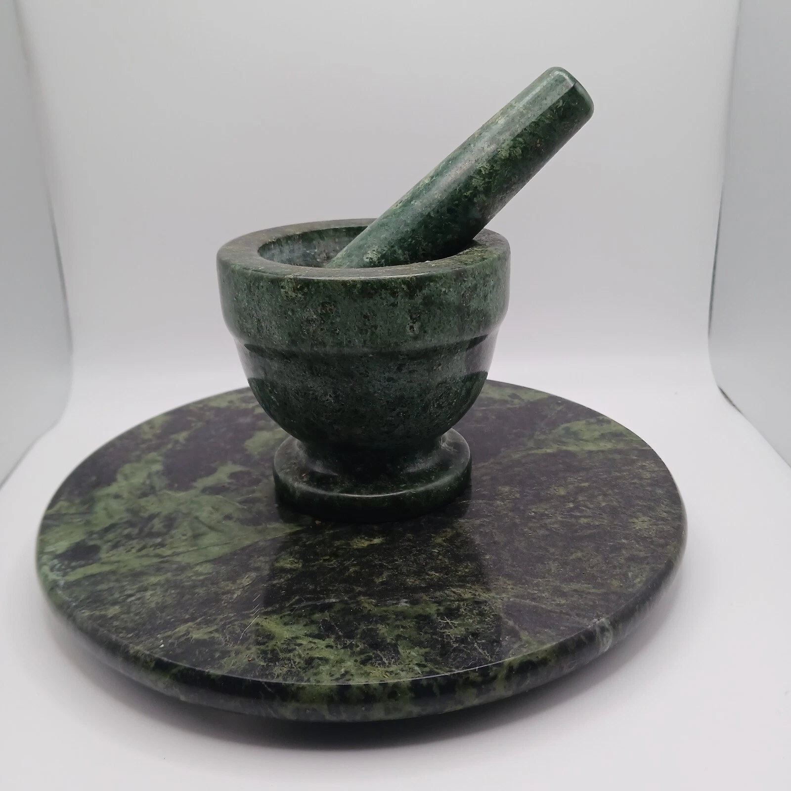 Mortar And Pestle Footed Marble W 8" Trivet Natural Stone Green Food Grinder