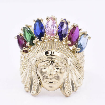 Herren Native Indian Head D/C Regenbogen 10K Gelbgold Ring ALLE GRÖSSEN