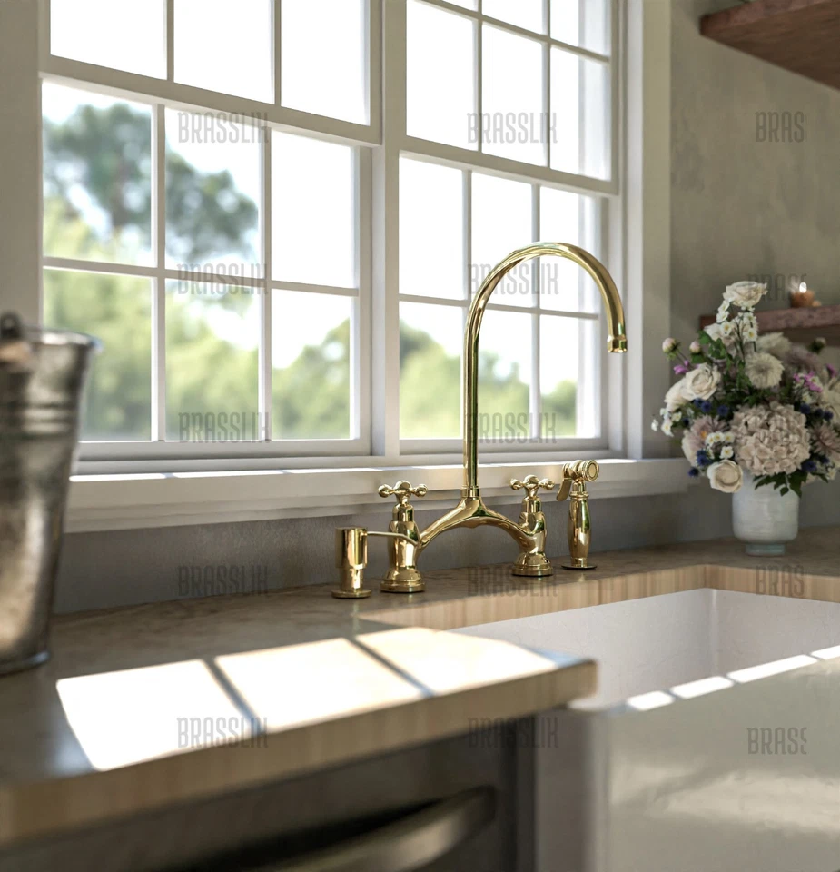 Unlacquered Victorian Brass Bridge Faucet, Vanity Kitchen Sink Brass Faucet - Image 2 of 4