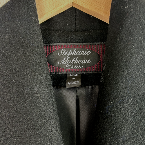 VTG Stephanie Mathews Womens Black 100% Wool Over Coat Size 14 Petite Double Bre - Picture 3 of 10