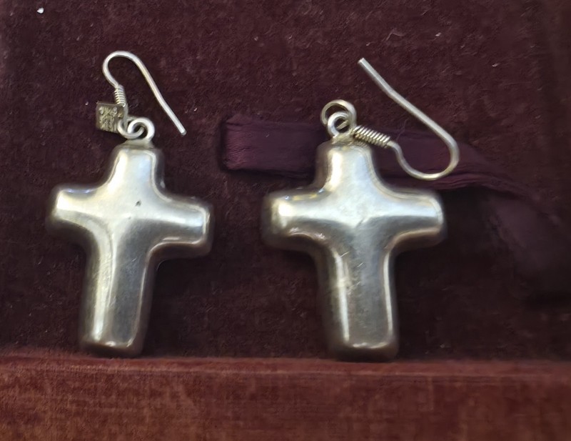 Sterling 925 Puffed “+” Cross Vintage Mexico Pierced Earrings Taxco Christian