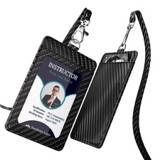 Carbon Fiber ID Card Holder with Lanyard Dual Card Badge Holder Black