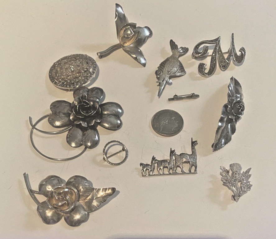 Vintage Lot of 11 Mid Century Sterling 925 Brooch / Pins with Gorgeous Petina