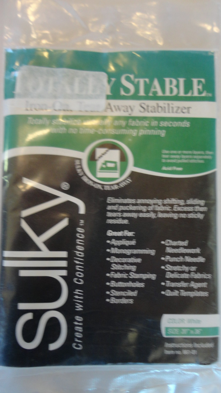 NEW Sulky - Totally Stable Iron On Tear Away Stabilizer White 12" x 36"