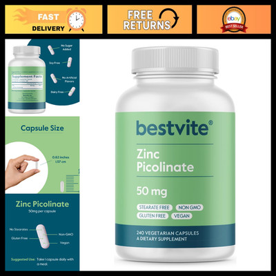 Zinc Picolinate 50mg - 240 Vegan Capsules, No Stearates, Immune Support, Non-GMO