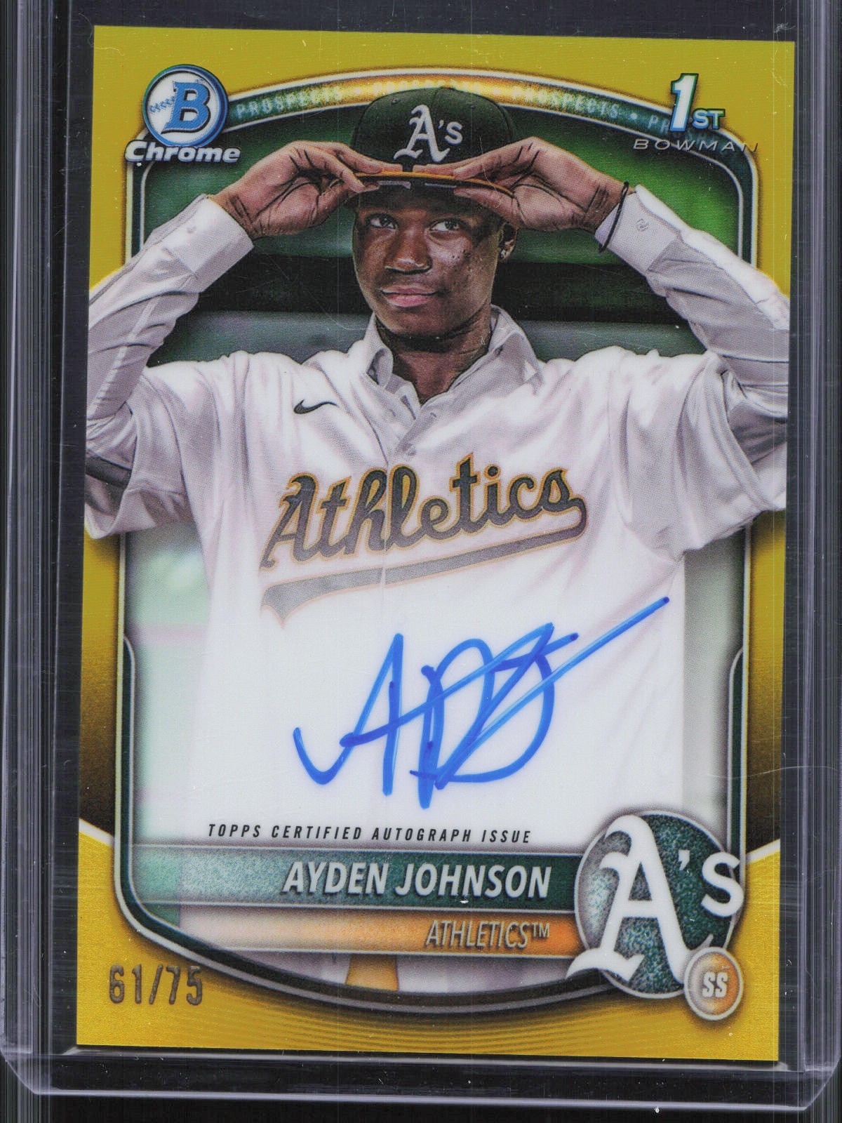 2025 Bowman Chrome Ayden Johnson 1st Yellow Refractor Auto /75 A's 