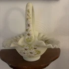 Vintage Fenton Satin Custard Basket Uranium Glass Hand Painted  Flowers