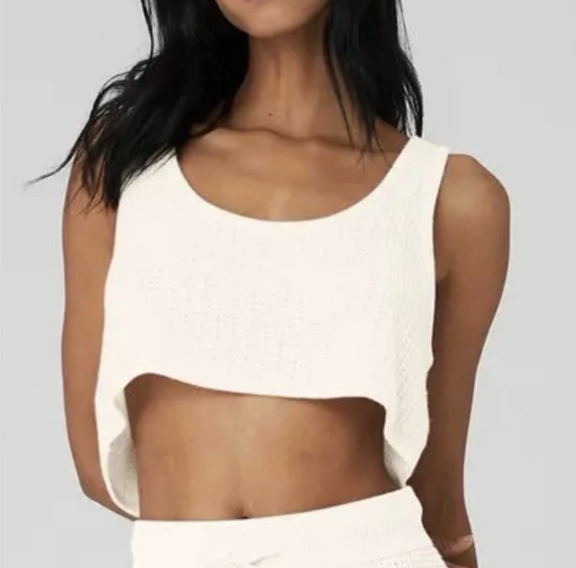 Alo Yoga Cashmere Waffle Knit Set Ivory Crop Tank + Blue Shorts