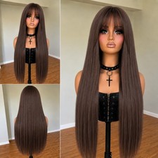 Low Shine Costume Wigs With Fringe Long Straight Choc Brown Synthetic Hair