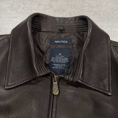 Nautica Brown Genuine Leather Bomber Jacket Men's Size 42 Vintage