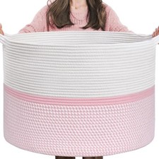 Extra Large Cotton Rope Woven Basket, XXL Throw Blanket Storage Basket Pink